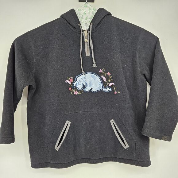 Disney Store Eeyore Hoodie Women Large Sweatshirt Embroidered Quarter Zip Black - Picture 1 of 11